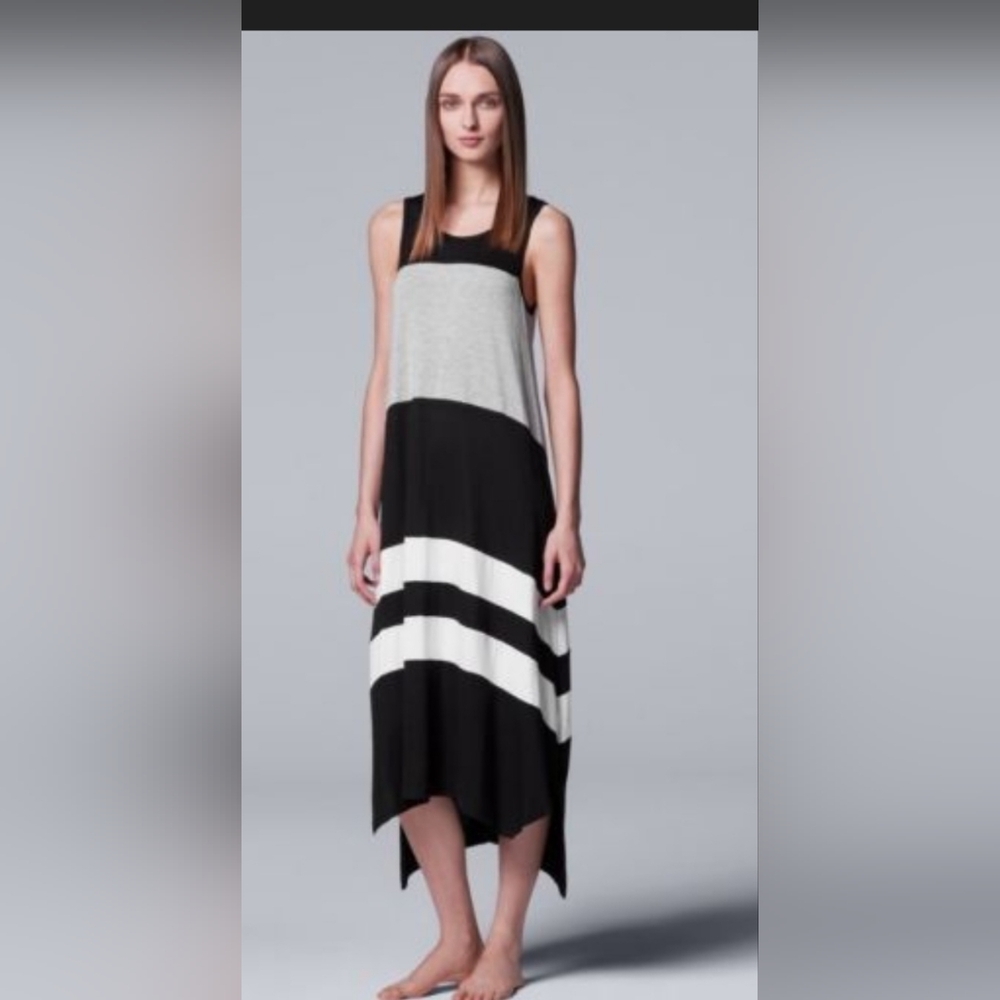 SIMPLY VERA Maxi Dress Sz M Vera Wang Black, Gray & White Striped With Pockets